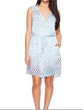 Hatley Sleeveless V Split Neck Belted Shirtdress L Purple Blue White Knee Length